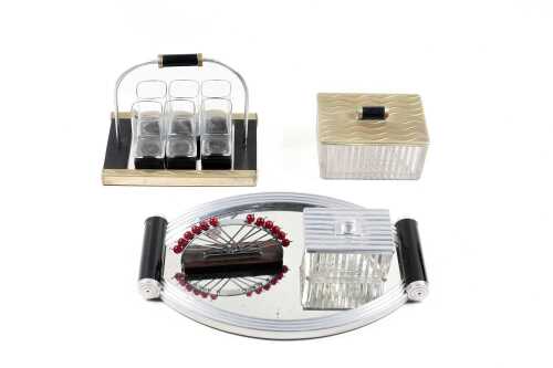 Art Deco and Deco-inspired hostess items in glass, metal and ebonised timber