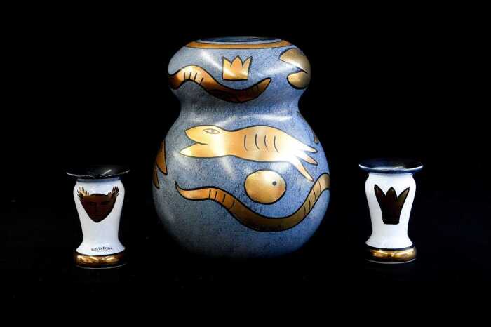 Three Ulrica Hydman Vallien for Kosta Boda 'Inca' hand-painted glass pieces