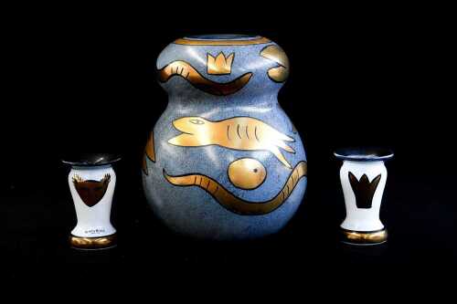 Three Ulrica Hydman Vallien for Kosta Boda 'Inca' hand-painted glass pieces