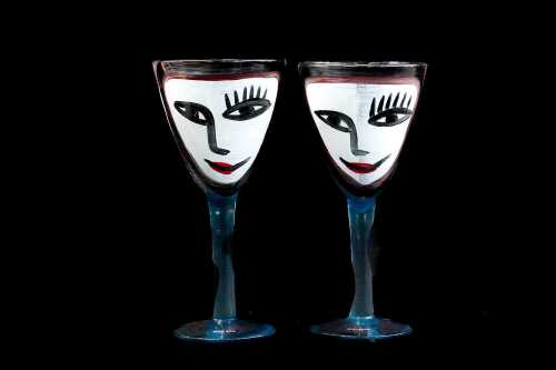 Ulrica Hydman Vallien (1938-2018) for Kosta Boda, pair of 'Open Minds' hand-painted blue glass goblets