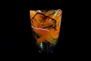Two Kosta Boda glass vessels with orange swirl design - 2