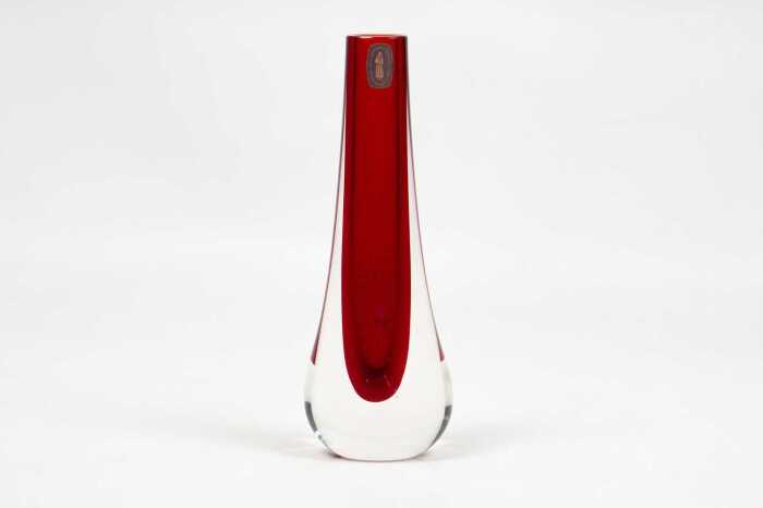 Mid-century Whitefriars teardrop ruby vase with original label