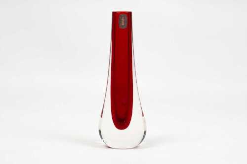 Mid-century Whitefriars teardrop ruby vase with original label