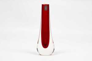 Mid-century Whitefriars teardrop ruby vase with original label