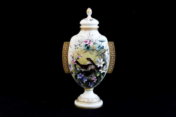 Antique Victorian hand-painted uranium milk glass lidded urn