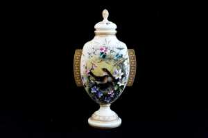 Antique Victorian hand-painted uranium milk glass lidded urn