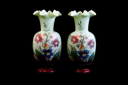 Pair of hand-painted Victorian glass vases