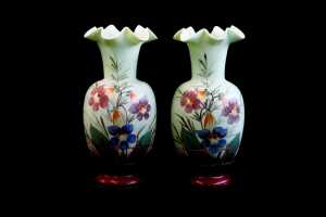 Pair of hand-painted Victorian glass vases