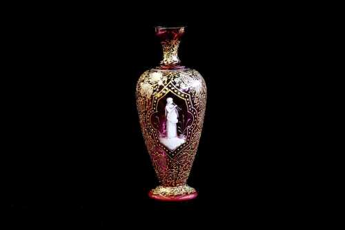 Antique Bohemian cranberry and gilt glass vase with central cameo