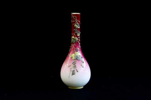 Thomas Webb Victorian Peachblow cased glass vase with applied relief floral design