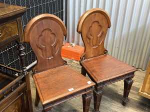 Pair of Victorian oak hall chairs - 2