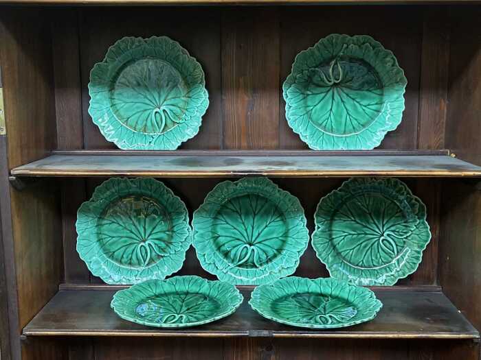 Seven Wedgwood 'cabbage' majolica plates