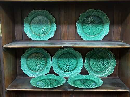Seven Wedgwood 'cabbage' majolica plates