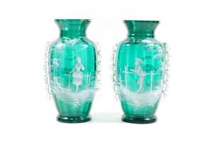 Pair of antique Mary Gregory green glass vases