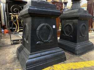 Pair of cast iron urns on pedestals - 3