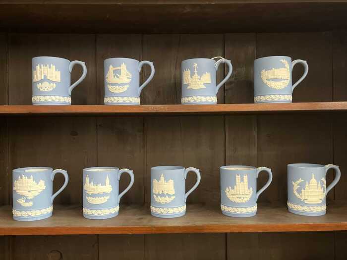 Nine Wedgwood Jasperware 1970s Christmas mugs