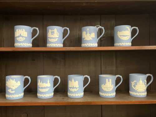 Nine Wedgwood Jasperware 1970s Christmas mugs