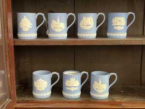Seven Wedgwood Jasperware 1980s Christmas mugs