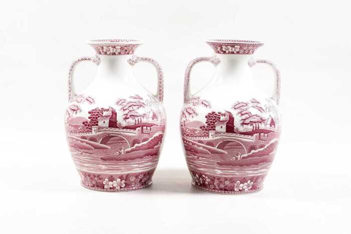 Pair of Spode 'Pink Tower' twin handled porcelain vases