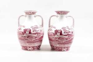 Pair of Spode 'Pink Tower' twin handled porcelain vases