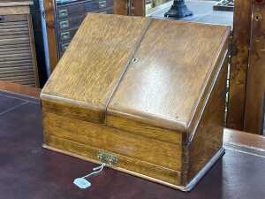 Antique oak desktop stationery compendium with brass fittings