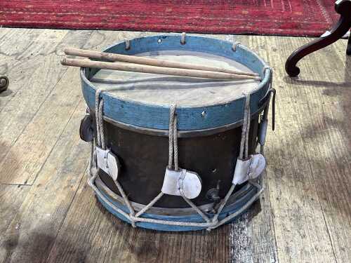 Vintage English regimental drum with copper shell and leather lugs