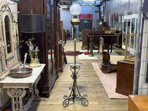 Antique wrought iron and brass floor standing kerosene lamp