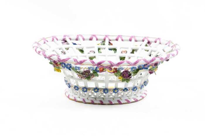 Antique Meissen porcelain hand-painted floral open weave basket