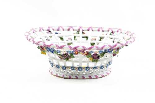 Antique Meissen porcelain hand-painted floral open weave basket