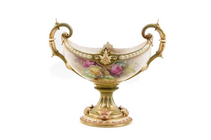Antique Royal Worcester Hadley Ware porcelain twin handled vase, 1911