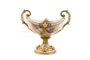 Antique Royal Worcester Hadley Ware porcelain twin handled vase, 1911