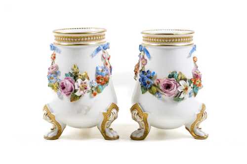 Pair of antique Royal Worcester porcelain vases with applied floral design