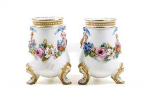 Pair of antique Royal Worcester porcelain vases with applied floral design