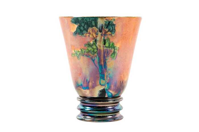 Carlton Ware 'Rabbits at Dusk' lustre porcelain conical vase with hooped design to base
