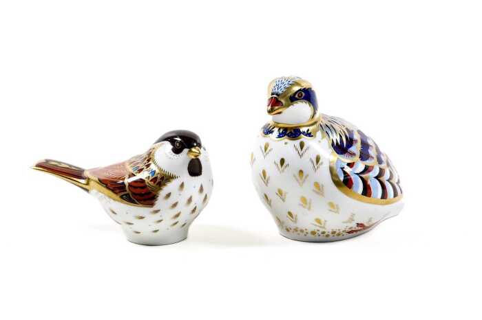 Two Royal Crown Derby Imari porcelain bird paperweights