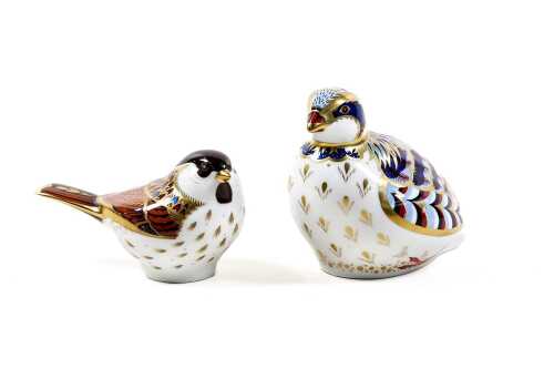 Two Royal Crown Derby Imari porcelain bird paperweights