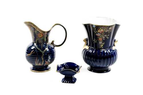 Three Crown Devon hand-painted cobalt porcelain pieces