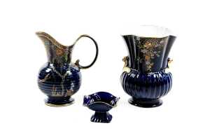 Three Crown Devon hand-painted cobalt porcelain pieces