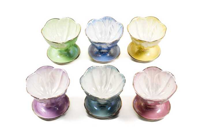 Set of six antique Maling lustre ceramic floral form dessert bowls