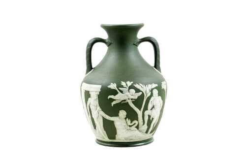 Antique Wedgwood Portland Vase in olive green and white jasperware