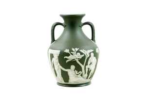Antique Wedgwood Portland Vase in olive green and white jasperware