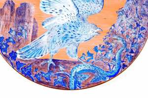 Antique terra cotta wall plaque with hawk and snake decoration in blue glaze - 2