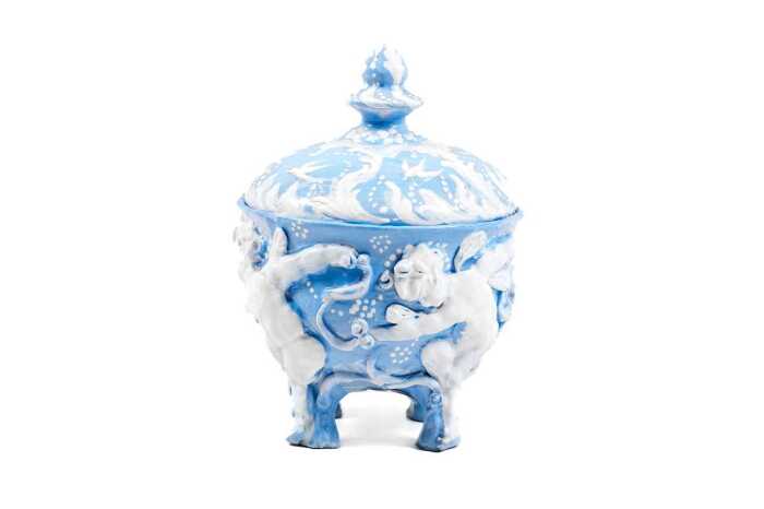 Gwen Watson, bulbous earthenware footed canister