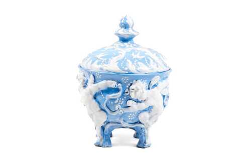Gwen Watson, bulbous earthenware footed canister