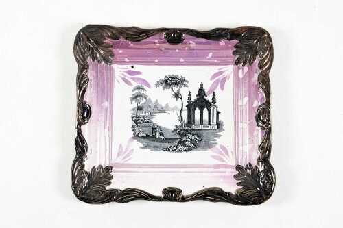 Antique Sunderland pink lustreware ceramic wall plaque, c. 1850