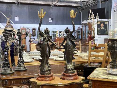Pair of Art Nouveau bronze figural lamps after Auguste Moreau