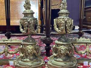 Pair of antique French Empire style solid brass fire dogs - 2