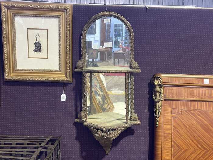 Antique gilt gesso mirror backed two tier wall shelf