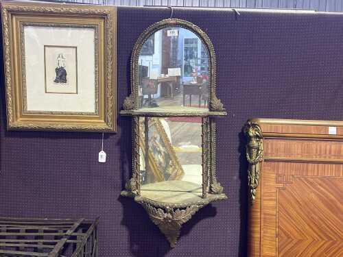 Antique gilt gesso mirror backed two tier wall shelf