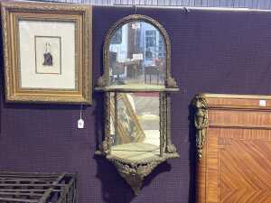 Antique gilt gesso mirror backed two tier wall shelf